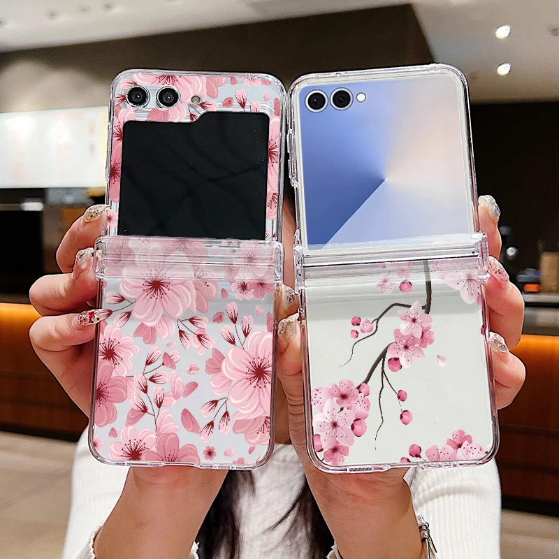 Pink Flower Printed Phone Case For Samsung Galaxy Z Flip 8 7 FE 6 5 4 3 Flip8 Flip7 Flip6 Flip5 5G Clear Hard PC Back Cover