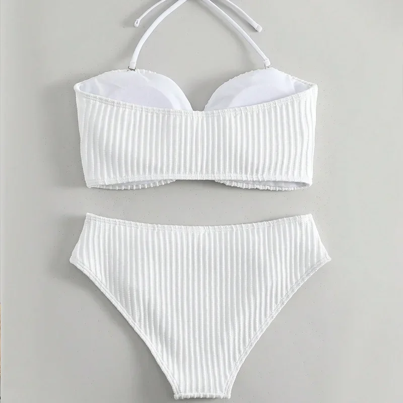 Sexy White High Waist Push Up Swimwear Bikini Set Women Ribbed Swimwear Metal Ring Swimsuit Biquinis Bikini 2024 Mujer