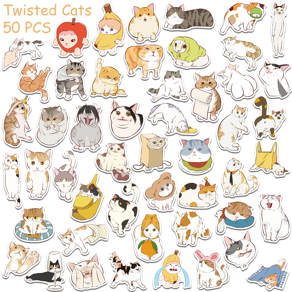 Autocollants de chats torsadés mignons de dessin animé, décalcomanies pour téléphone, bagages, réfrigérateur, scrapbooking, casque, esthétique, étanche, 50 pièces