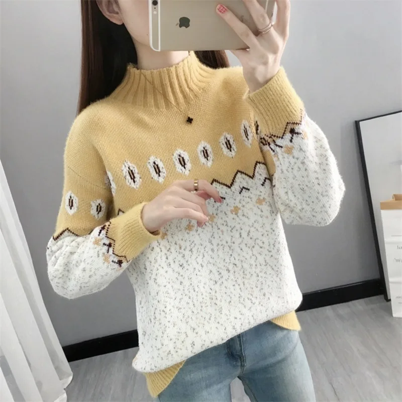 Fashion Patchwork Half High Collar Mink Cashmere Sweater Women Loose Pullover 2024 Autumn Winter 5 Color Long Sleeve Tops Female