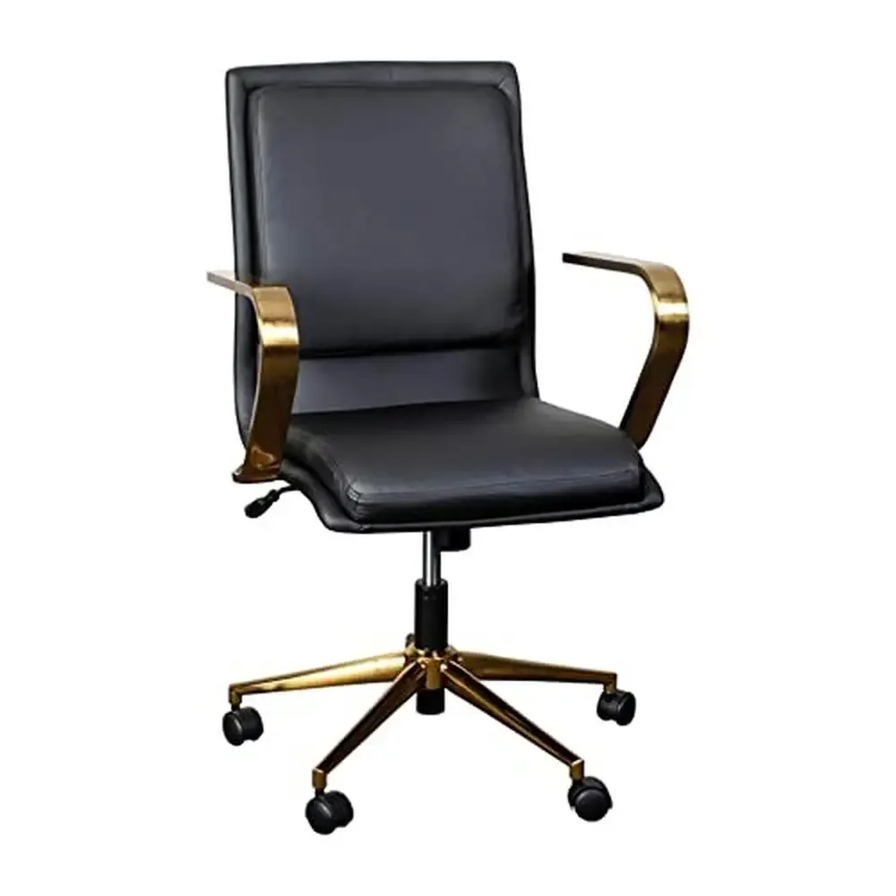 Designer Executive Office Chair Black LeatherSoft Upholstery Brushed Gold Base Arms Height Adjustable 360° Plush Foam Padded