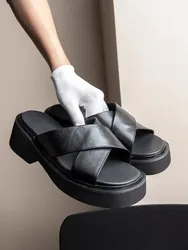 Mens Genuine Leather Platform Slippers Open Toe New Summer Design Daily Casual Thick Bottom Black Shoes Fashion Men Slippers
