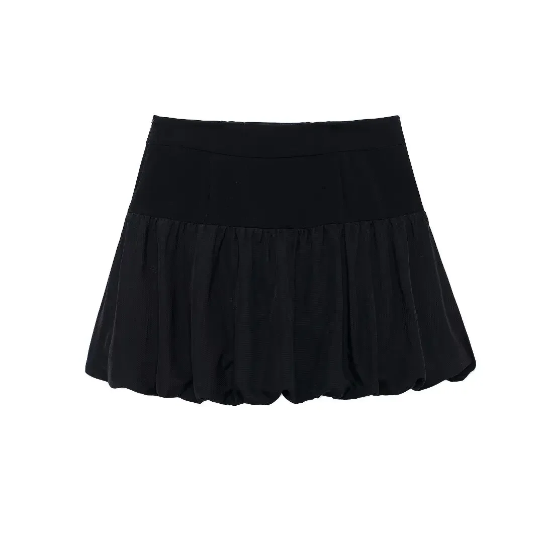 Women's New Fashion Golden button decoration Slim Balloon Edition pleated Mini Skirt Retro High Waist Side Zipper Women's Skirt