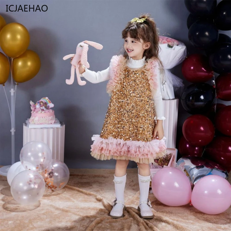 ICJAEHAO 2025 Girls Sleeveless Dresses Kids High End Frock Ball Performance New Clothing Sequin Tulle Birthday Party Princess