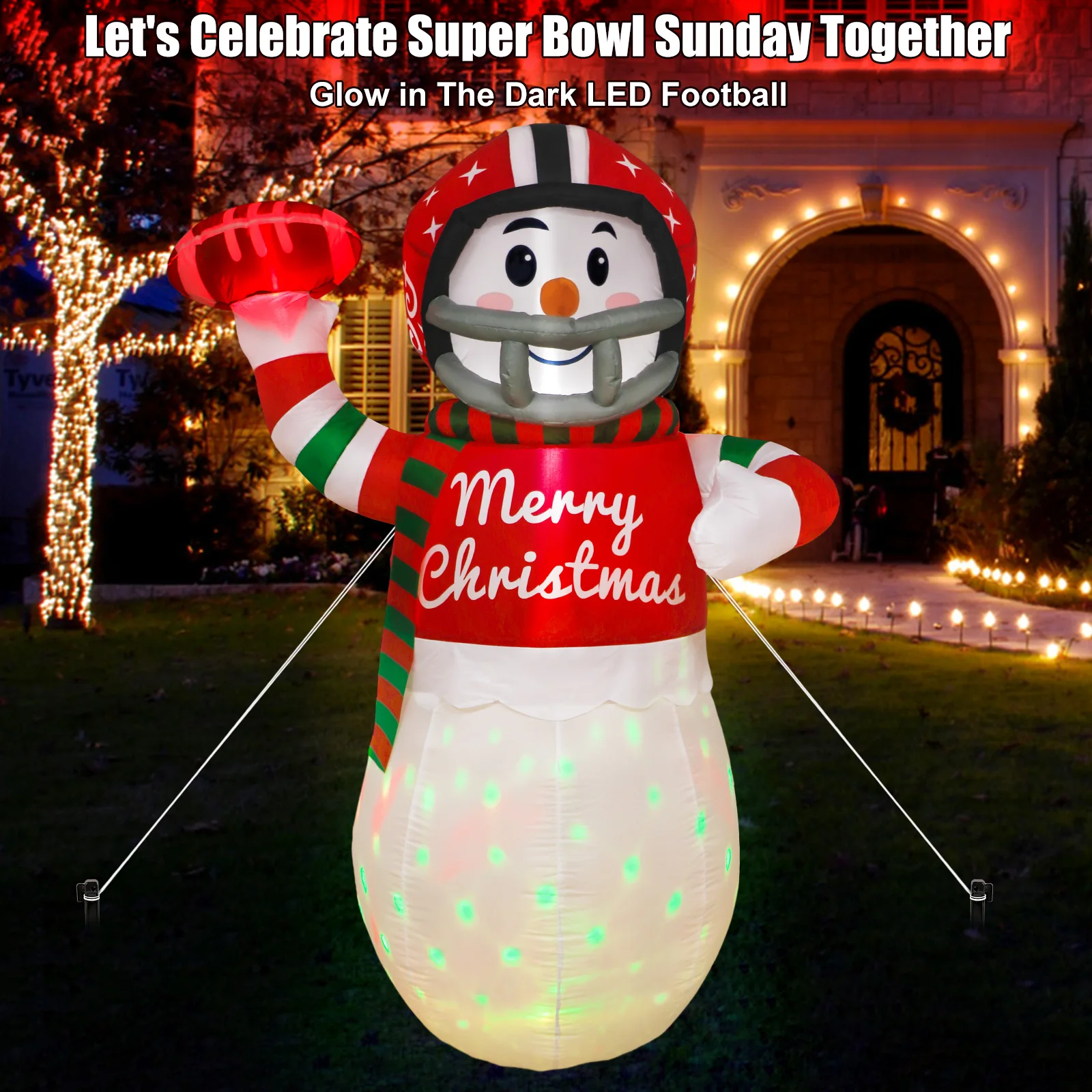 6ft Outdoor Inflatable Rugby Snowman Model, Christmas Inflatable with Rotating LED Lights, Patio Lawn Christmas Decoration