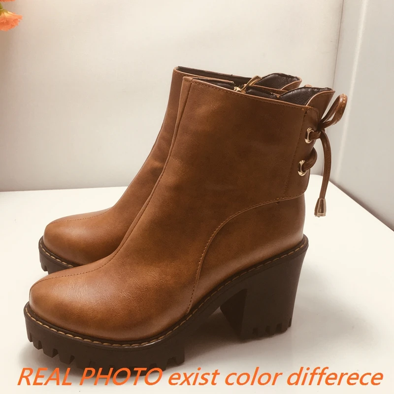 REAVE CAT Classic Women Ankle Boots Round Toe Chunky Heels 8cm Platform 2.5cm Lace Up 42 43 Leisure Daily Bota