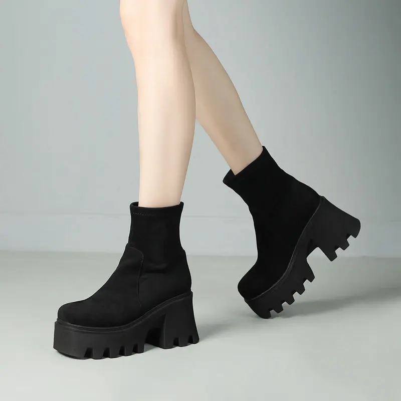 

ORCHA LISA Женские ботильоны на платформе с молнией-молнией Зима-Осень для свиданий Bota 41 42 Круглый носок на массивном каблуке 9 см Повседневная женская обувь