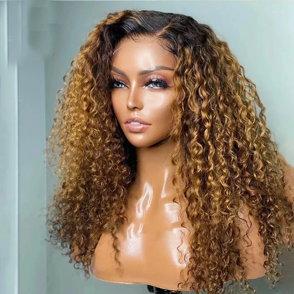 

Soft 26Inch Long Ombre Brown Lace Front Wig Kinky Curly For Women Synthetic Preplucked Glueless Daily Wear Wig