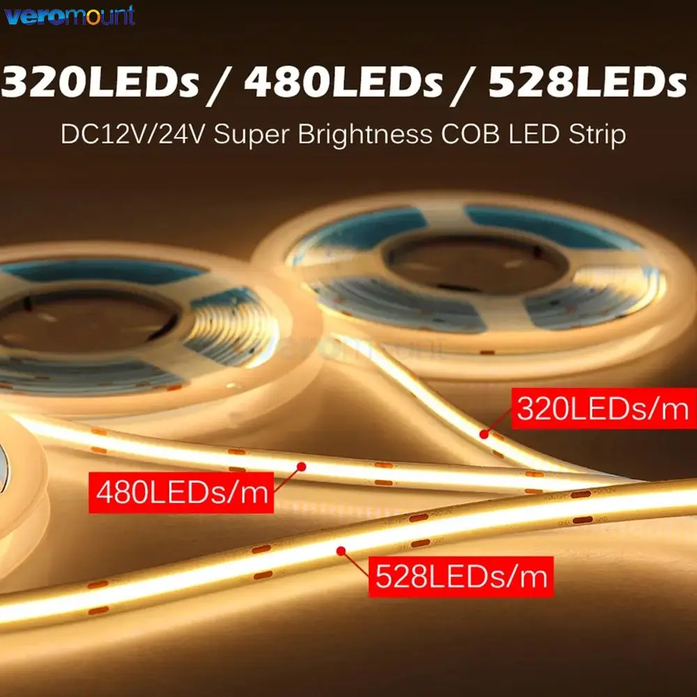 5m 12V 24V DC 3mm 5mm 8mm 10mm PCB COB LED Strip Tape With 2pin Wire Dimmable Linear High Density 320 384 480 528 LEDs/m IP20