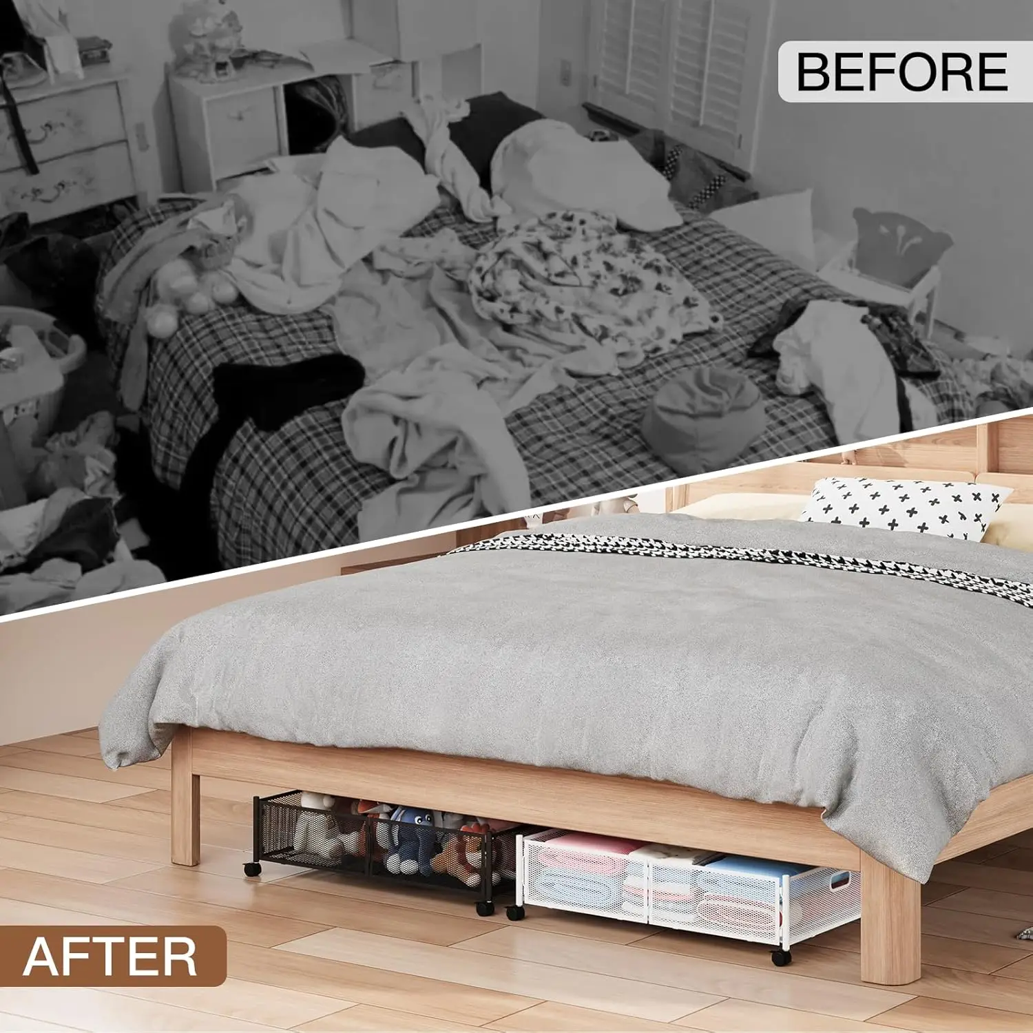 ที่เก็บของใต้เตียงมีล้อ ตะกร้าตาข่ายโลหะพับได้ ประกอบได้โดยไม่ต้องใช้เครื่องมือ แพ็ค 2 ชิ้น