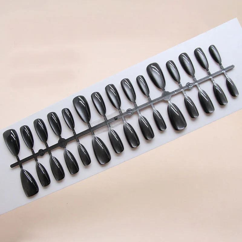 

30pcs Medium Almond Press-On Nails - Black Cat Eye French With Cosmic Glitter Edgy Yet Sweet (Multi-Size Fit)