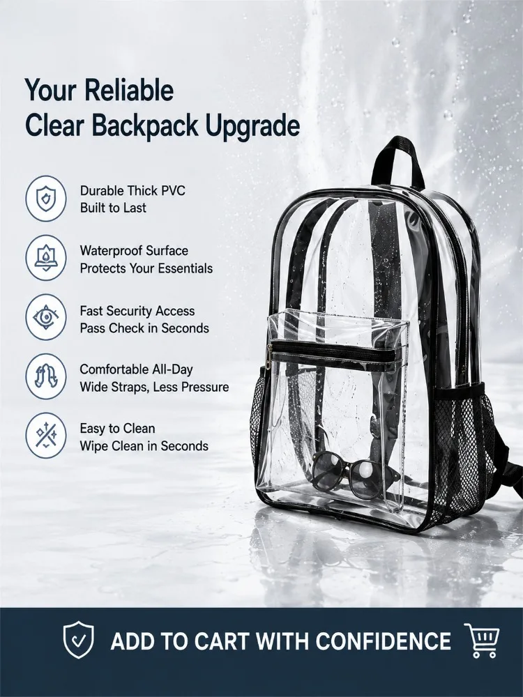 Mochila transparente resistente de PVC, aprobada para estadios, con revisión de seguridad rápida, para la escuela, la universidad, el trabajo y festivales de música.