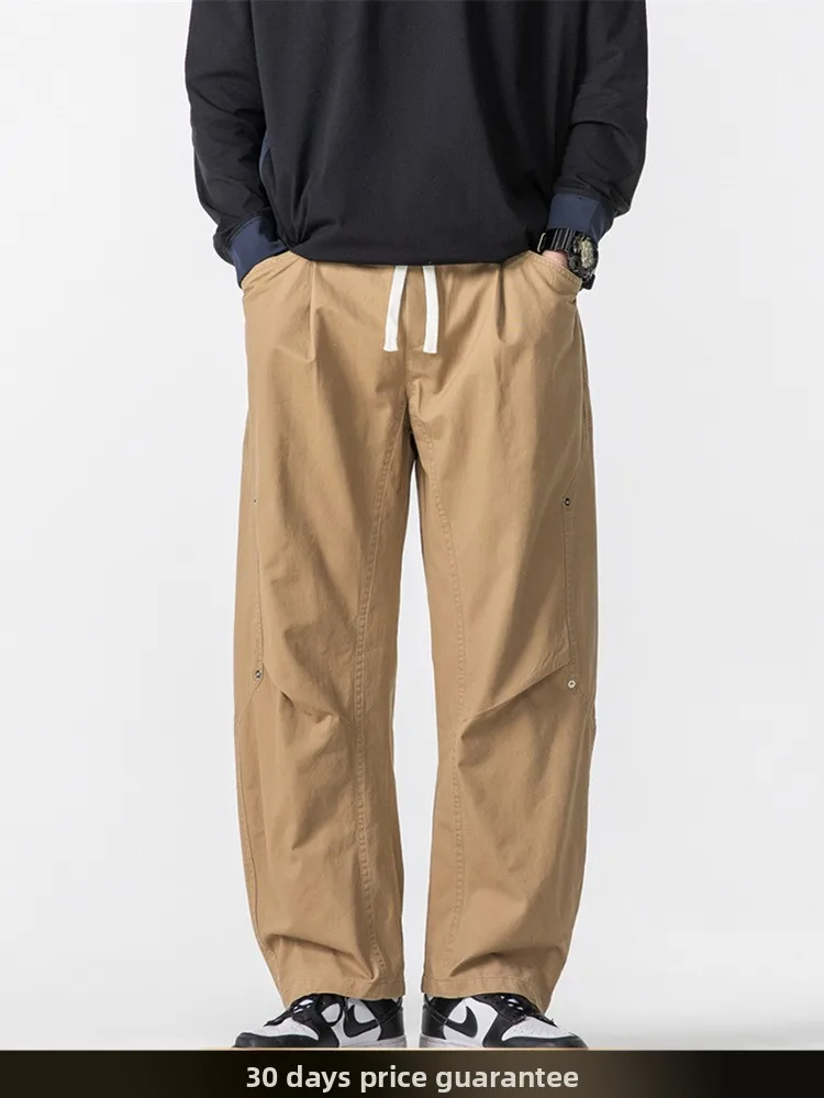 

Retro Japanese Sle Men's Straight Leg Workwear Trousers Summer Loose Fit Casual Pants with Rivets And Pleats