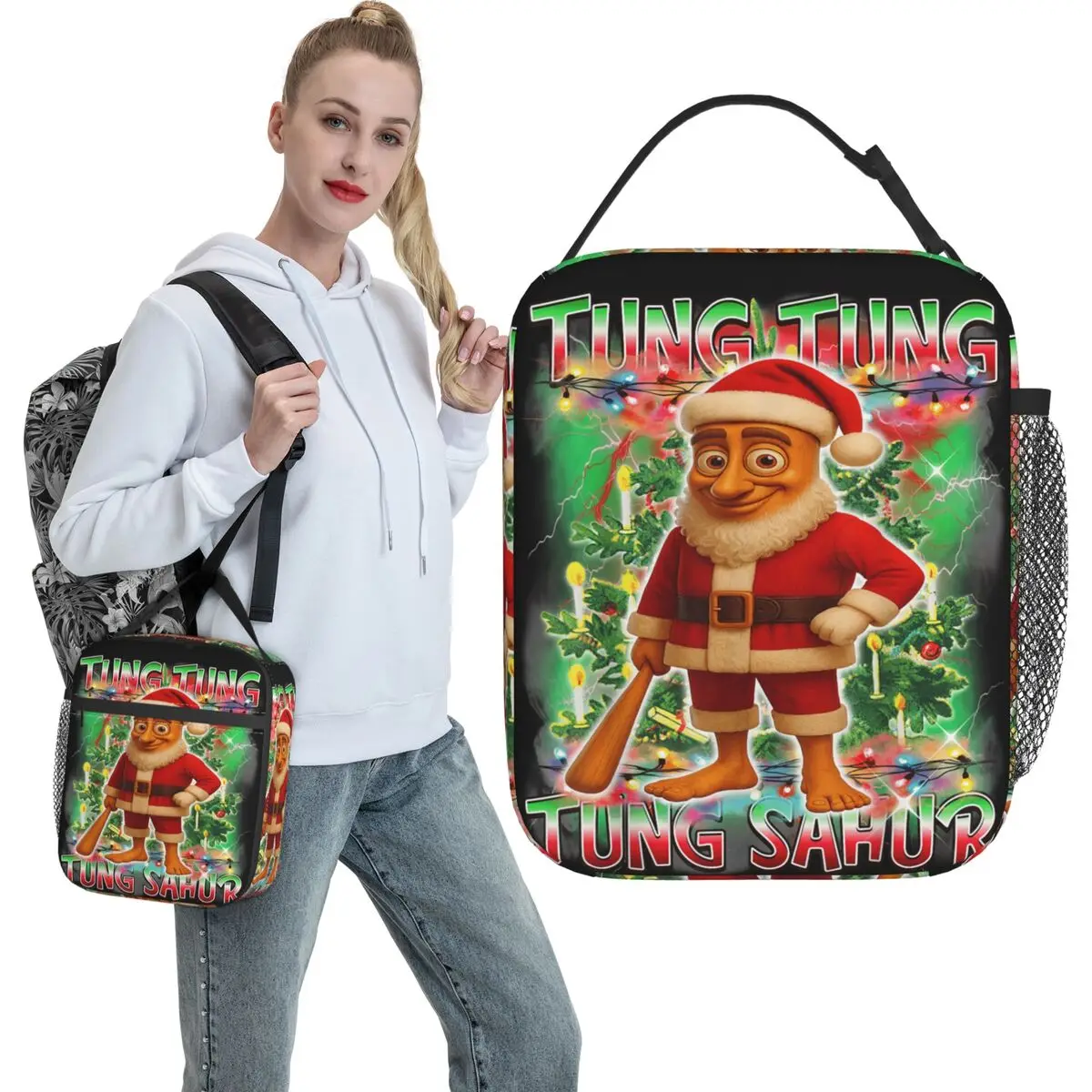 Tung Tung Tung Sahur Santa Claus Italian Brainrot Christmas Lunch Bag For Women Custom Lunch Box Aesthetic Office Cooler Bag