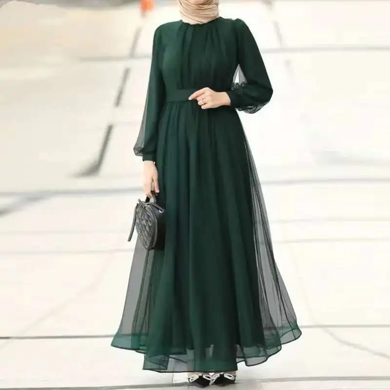 2025 New Muslim Long Sleeved Fashionable Casual Mesh Double Layered Pleated Elegant Dress Ramadan Dubai Luxury Islam Elegant