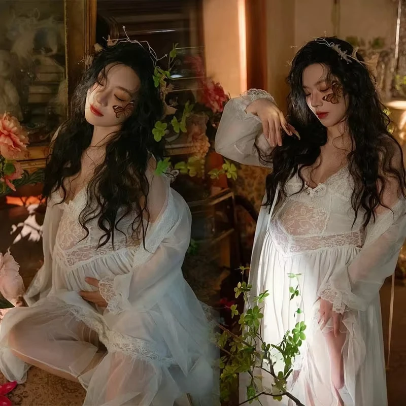 Women Photography White Sexy Pregancy Lace Maternity Perspective Dress with Cardigan 2pcs Set Studio Photo Shoot Photo Clothes