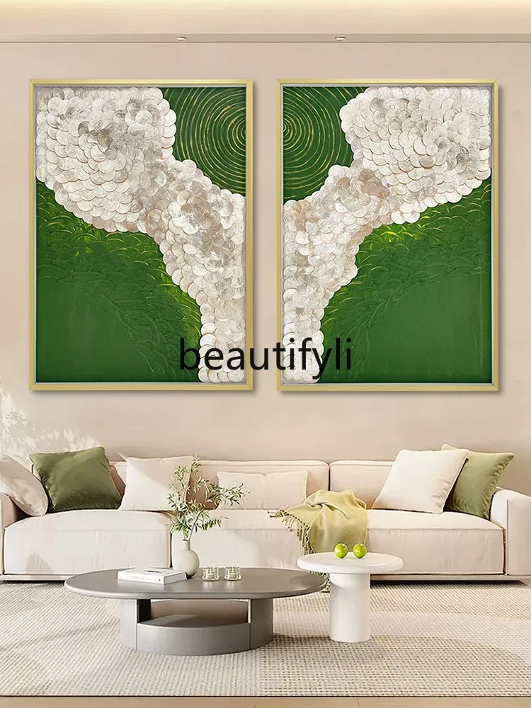 

Light luxury living room background wall two pictures small fresh abstract hand-painted oil painting