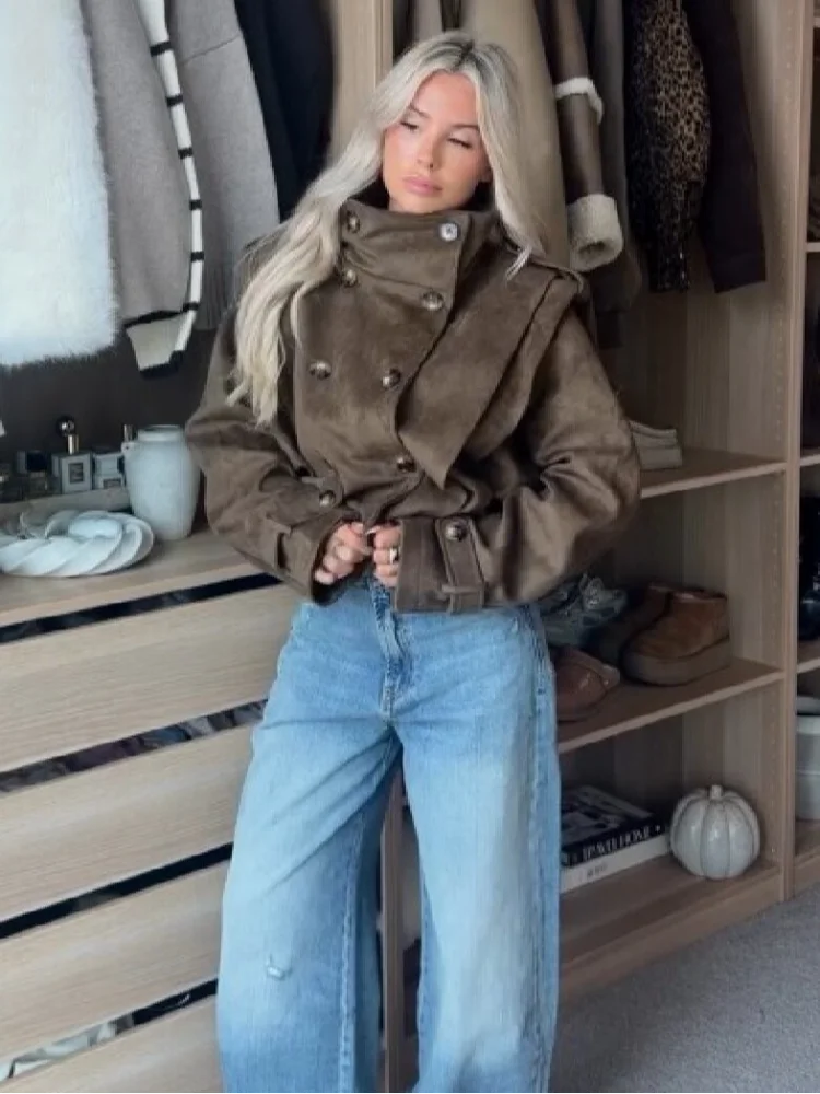 Trendy Stand Collar Cropped Jacket Fashion Double Breasted Long Sleeve Chic Commute Coat 2026 Autumn New Daily Casual Streetwear