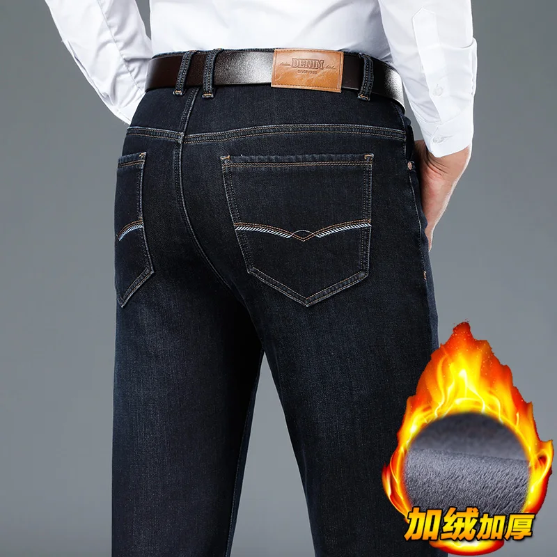 

Зимние мужские теплые джинсовые модные деловые повседневные флисовые утолщенные тонкие прямые эластичные джинсовые брюки, хит продаж, джинсы синего, черного цвета