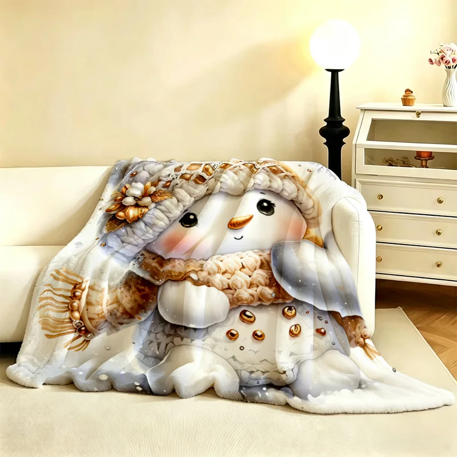 Christmas Adorable Snowman With Hat Printed Flannel Throw Blanket, Snowflakes 2D Single-Sided Printed Holiday Blanket