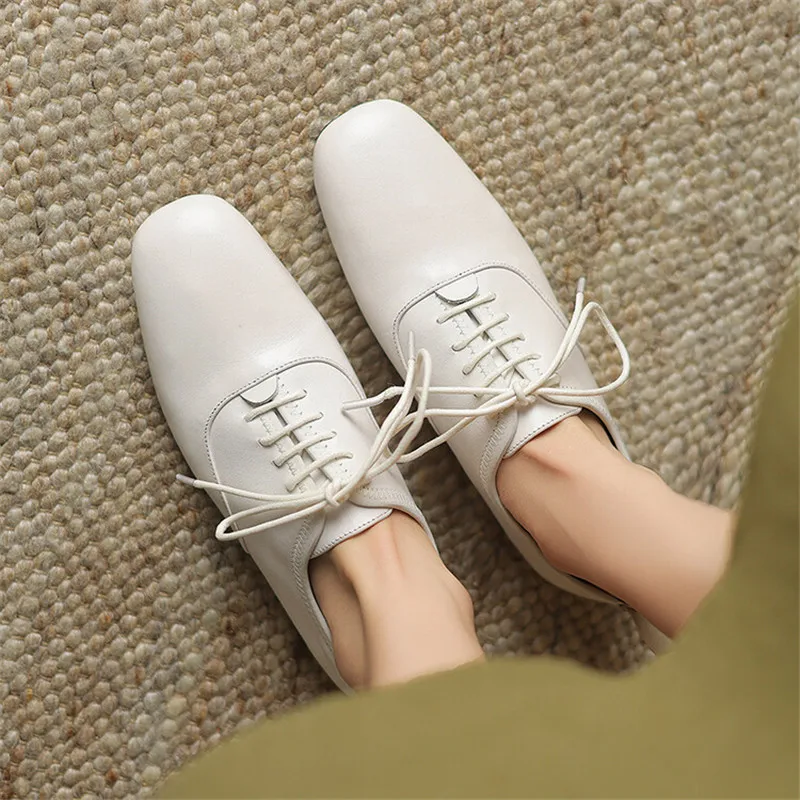 New Genuine Leather Lace Loafers Spring/Autumn Round Toe Low Heel Women Pumps Shoes for Women Ladies Shoes Comfort Flat Shoes