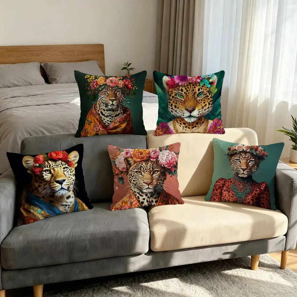Wreath for Leopard Portrait goat cushion cover Comfortable soft Pillow Case for Sofa Living Room Home office Protective Covers