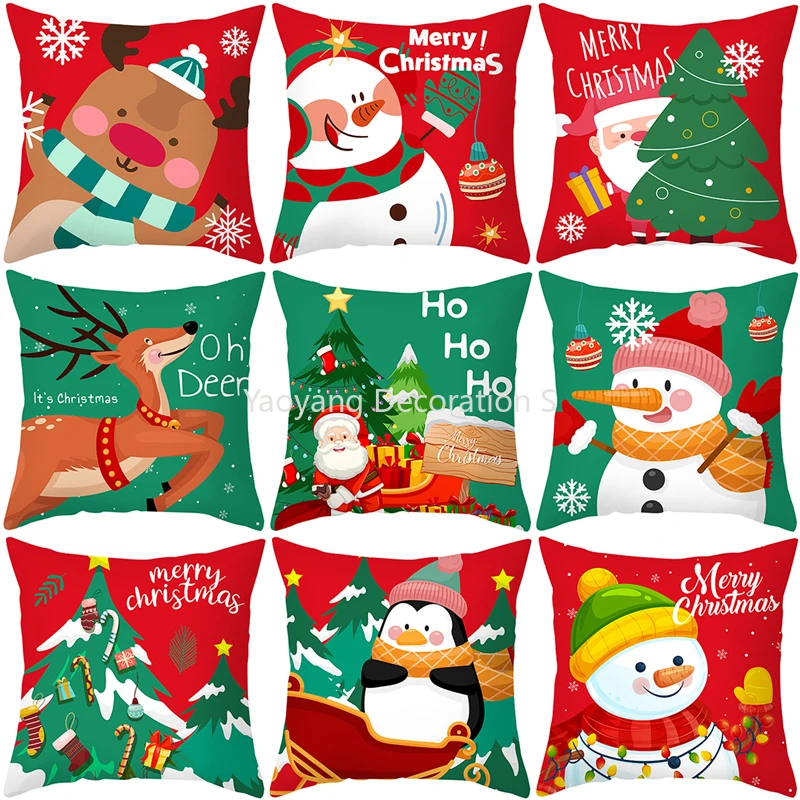 

Red Green Christmas Cushion Cover Snowman Santa Claus 2022 Happy New Year Ornament Pillowcase