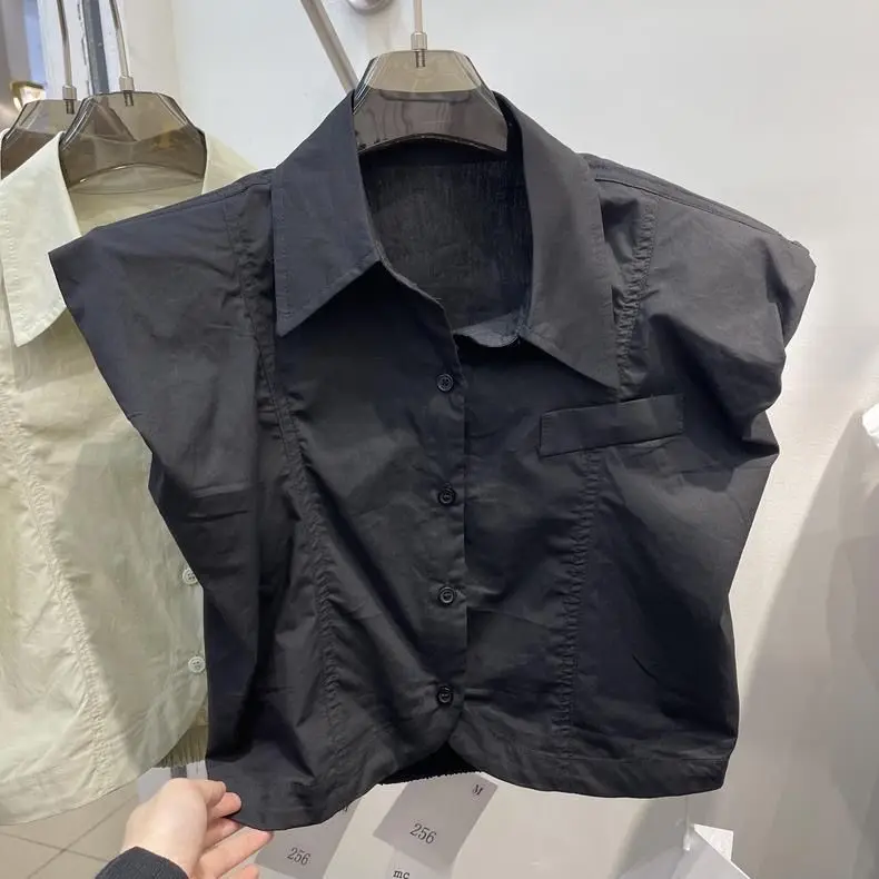 2024 Spring/Summer New Korean Edition Loose Single breasted Short sleeveless Solid Color Shirt Top Women's Fashion