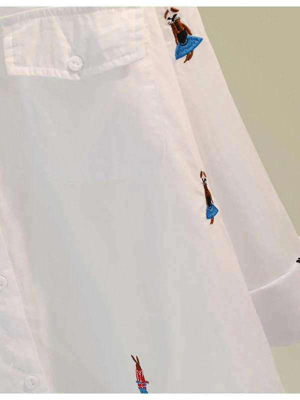 트렌디한 자수 만화 캐릭터 면 린넨 여성용 루즈 캐주얼 화이트 셔츠 한국 스타일 예술적 봄 가을 신상품