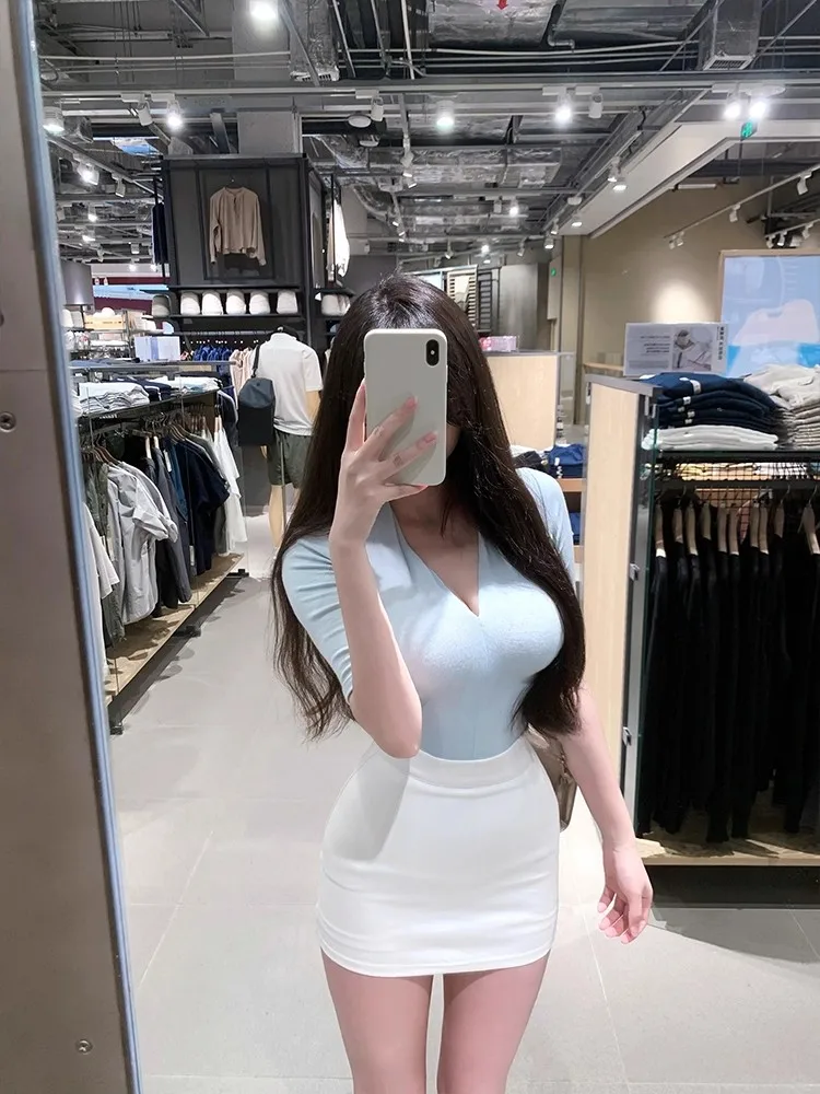 

SYJ Pure Desire Sweet Spicy Short Sleeve V-neck Women's Summer Skirt Set High Waist Bum Covering Casual Fashion Workwear