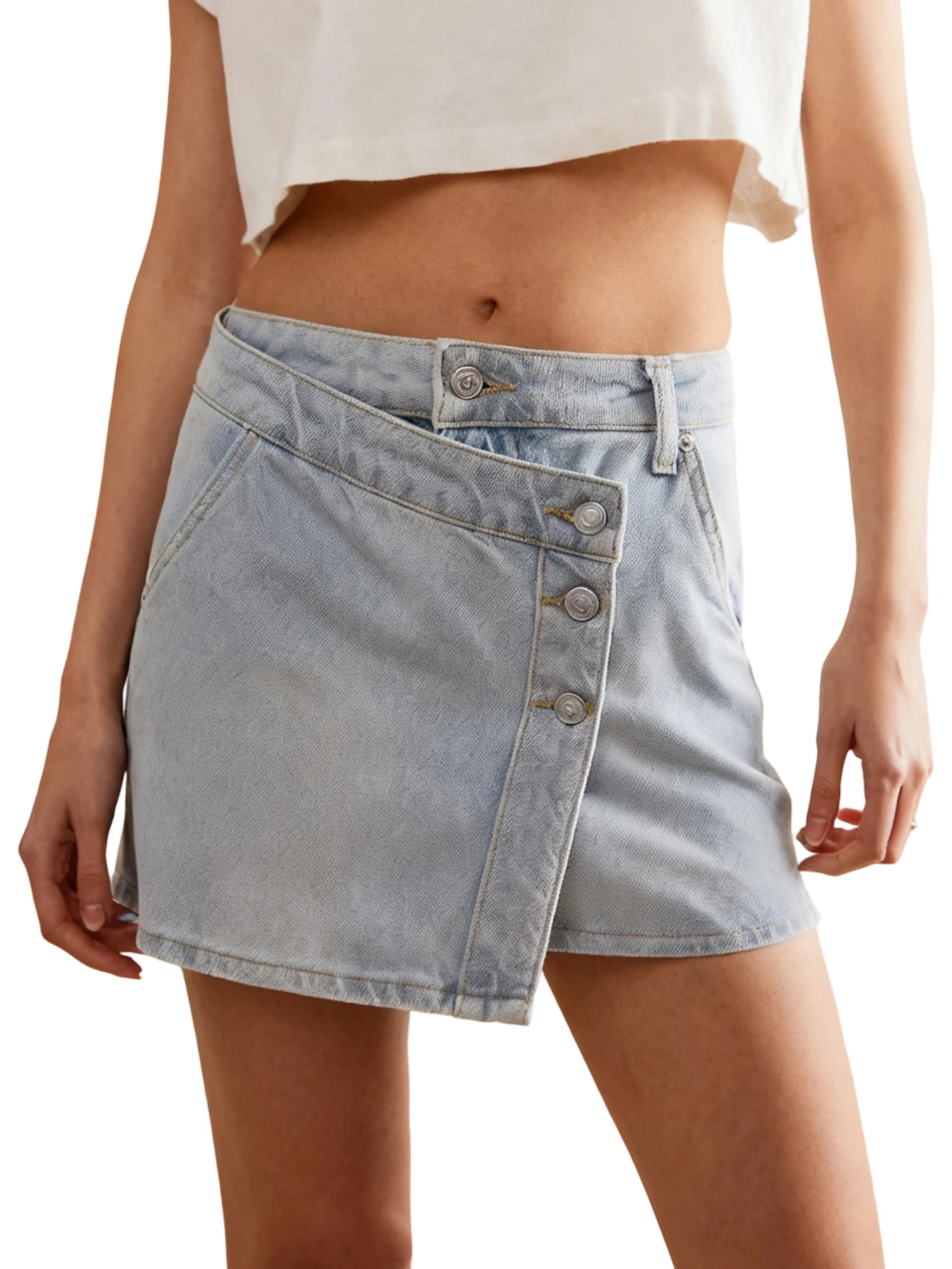 

Women s Denim Mini Skirts Summer Fashionable Casual Solid Color Mid Rise Jean Skirt with Pockets
