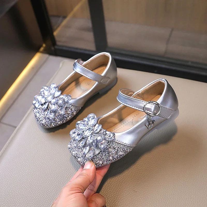 Luxury Girl Shoes Elegant Rhinestone Kids Leather Shoe Shallow Versatile Children Fashion Princess Causal Flat Shoes Autumn New