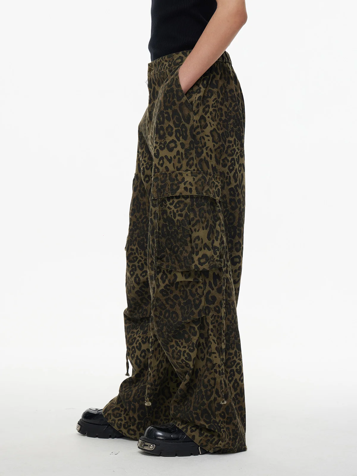 High Street Leopard Loose Pants Men's Retro Multi Pocket Loose Leopard Print Straight Leg Pants Workwear Lazy Casual Pants