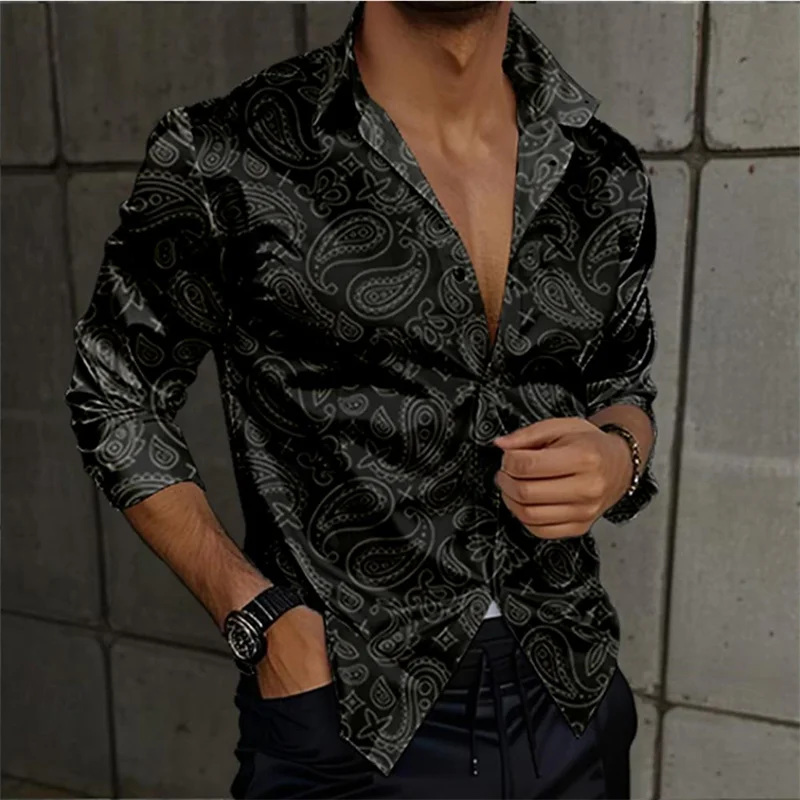 Camisa floral manga longa masculina, cardigã de botão lapela, cores retrô, respirável, confortável, casual, elegante