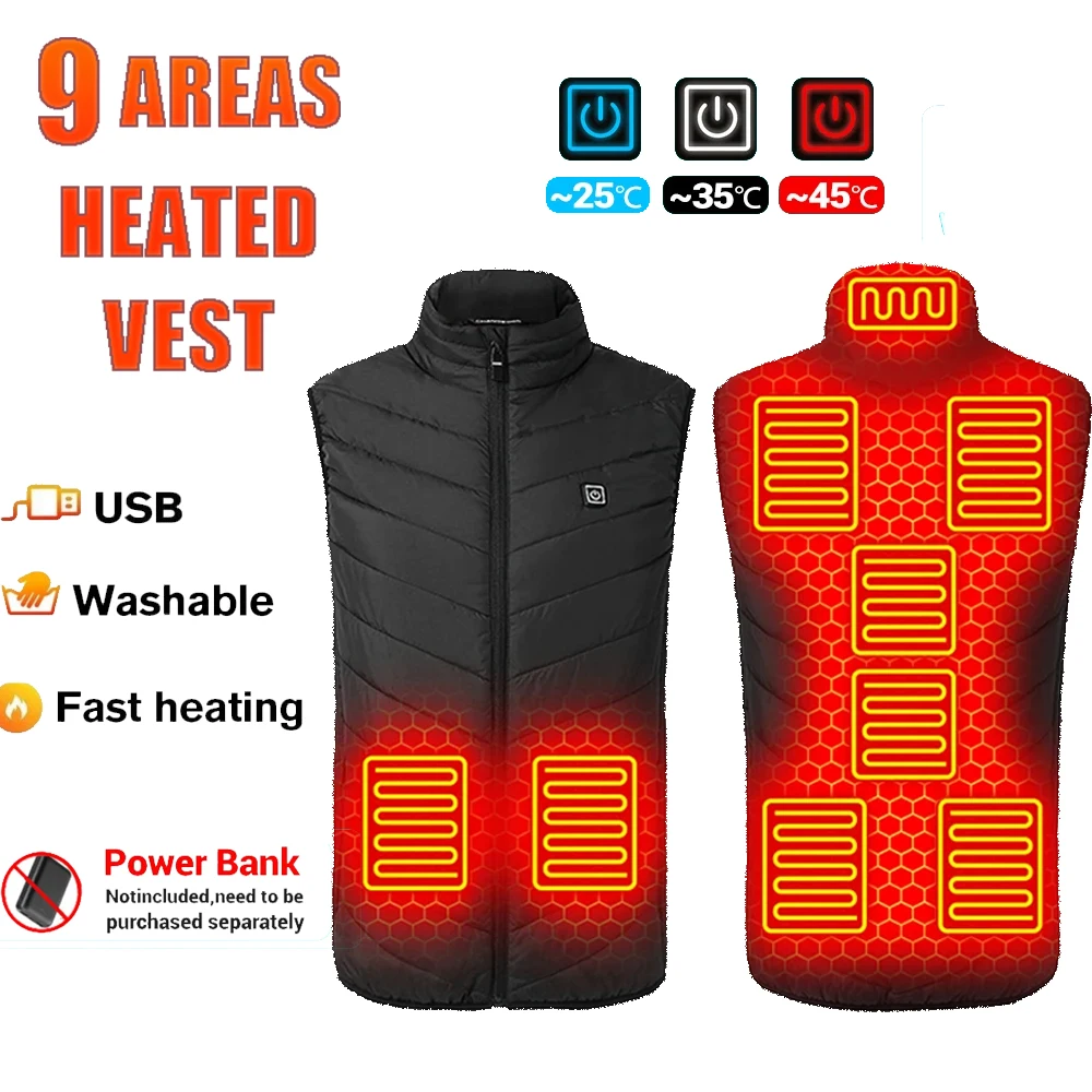 

9Areas Heated Vest Electrically Heated Clothing Usb Heated Jacket Heating Ves Thermal Clothing Hunting Vest Winter Warm Jacket