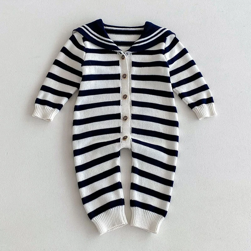 2024 New Autumn Children Clothes Infant Baby Girls Knitted Jumpsuit Long Sleeved Stripes Navy Style Toddler Baby Girl Romper