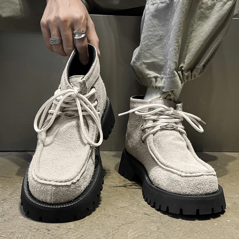 

New European American Retro Frosted Men High Top Boots Thick Sole Height Increasing Niche Design High-end Casual Workwear Boots