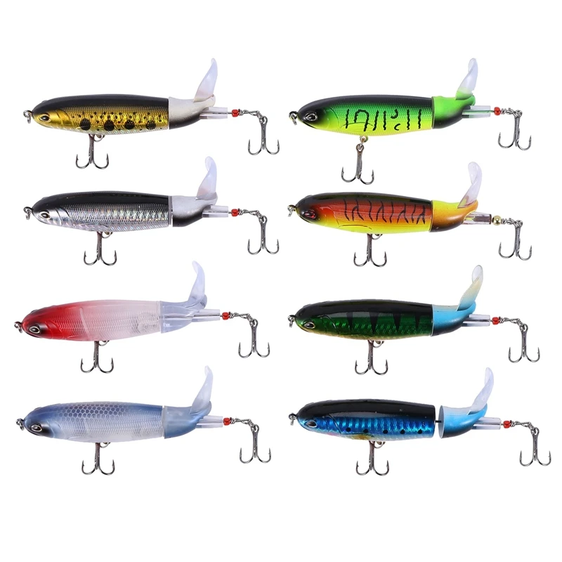 8Pcs Whopper Plopper 11Cm 15G Floating Popper Fishing Lure Artificial Hard Bait Wobbler Rotating Tail Fishing Tackle 3D Eyes