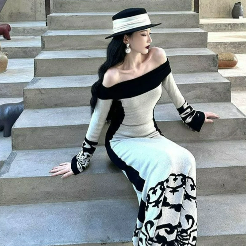 

Утягивающая длинная юбка контрастного цвета для женщин, осень/зима 2026, модное французское элегантное платье с длинными рукавами