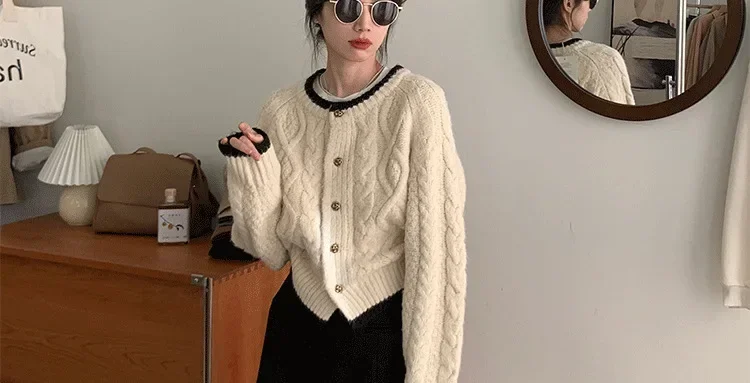 معاطف الرياح الكسولة، بلوزة محبوكة، مرقع، سترة محبوكة بصدر واحد للنساء، سترة صوفية برقبة دائرية، أكمام طويلة