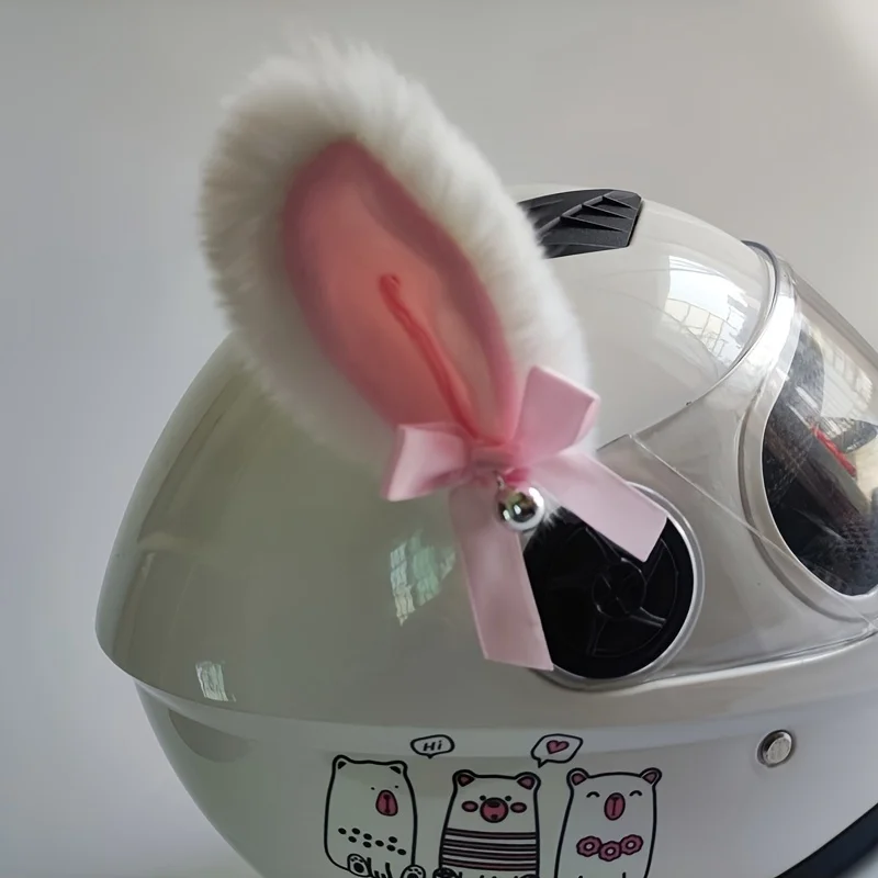 1 Pair of Motorcycle Helmet Accessories - Pink and black plush cat ears with bows and bells. Can be used as helmet decorations o
