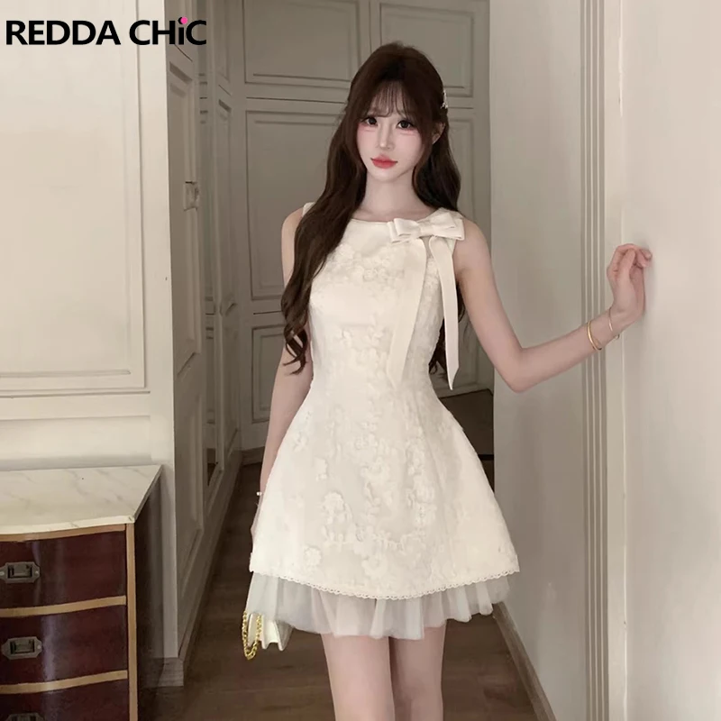 

Элегантное повседневное мини-платье ReddaChic белого цвета для женщин, без рукавов, с кружевными вставками и вышивкой в виде лозы, А-силуэт, на бретельках