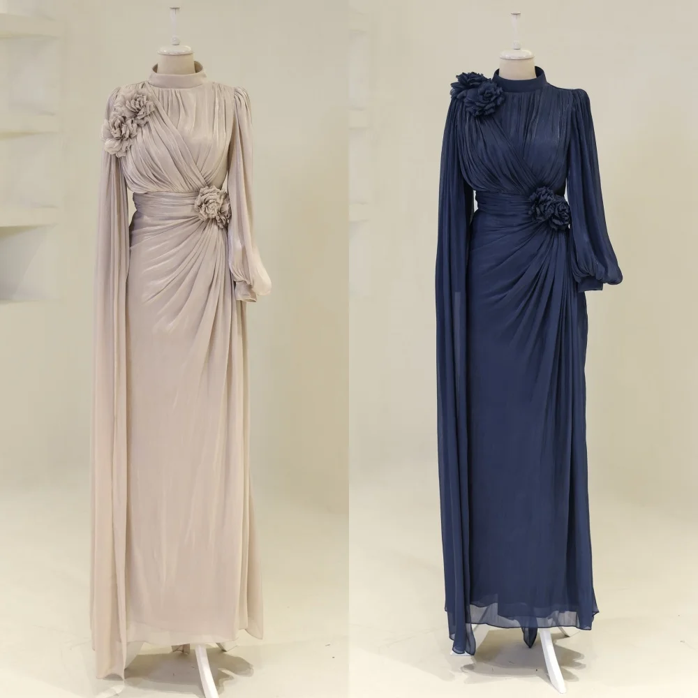 

Customized High Quality Classic Chiffon Handmade Flower Pleat Straight High Collar Long Dresses Bespoke Occasion Dresses Retro