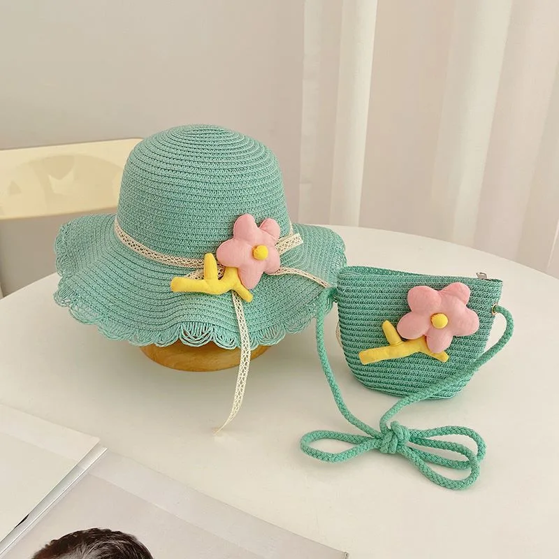 2024 New Summer Girls Straw Hat Set Handbag New Flower Sun Hat Straw Hat Sun Hat Children Girl Baby Straw Hat  sombrero 모자