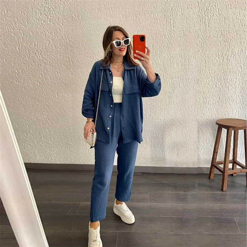 Women\'s Clothing 2023 Spring and Autumn New Lapel Single-breasted Long-sleeved Shirt Casual Pants 2 Piece Sets Womens Outfits