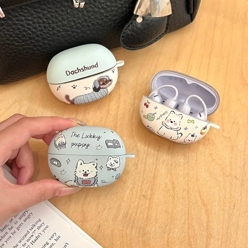 Matte Cute Puppy Pattern Case For Shokz OpenDots Air E210 TPU Protective headphones Case Shockproof Cover Anti Scratch with Hook