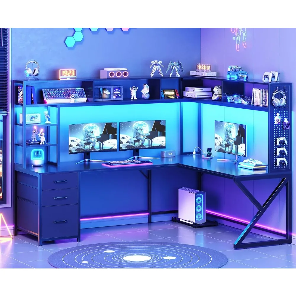 

L-shaped gaming table with storage rack and handle, convertible 94.5 computer desk, with drawers, corner computer desk