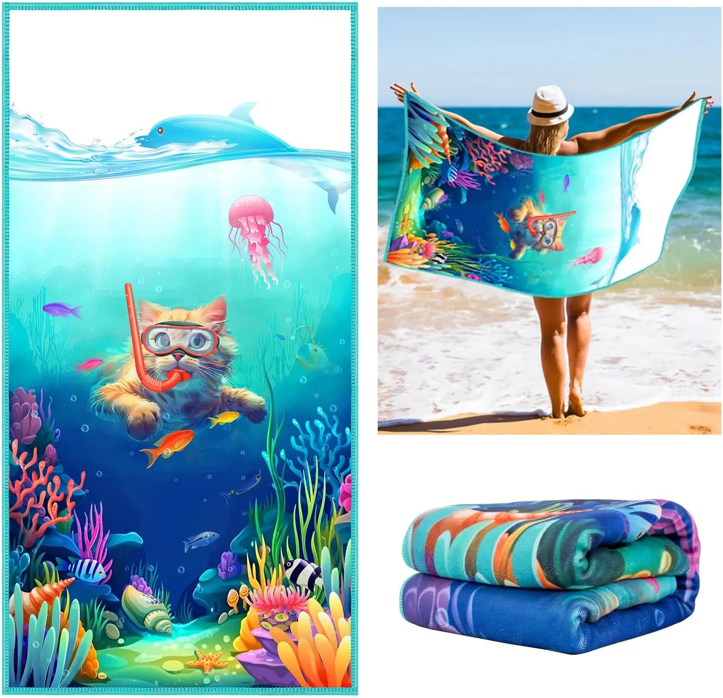 Funny Diving Cat Beach Towel, Dolphin Jellyfish Soft Cotton Blend Quick Dry Pool Bath Towel for Women Girls Kids Boys