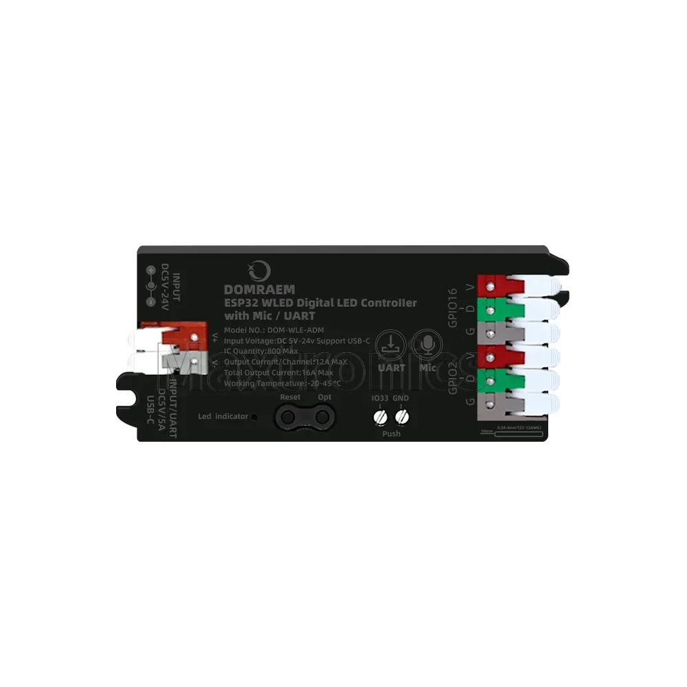 NEW DC5-24v16A DIY100+ WS2811 12 13 14 05 Strip etc With Mic UART USB-C5V Supply ~0.5W Standby ESP32 WLED Digital LED Controller