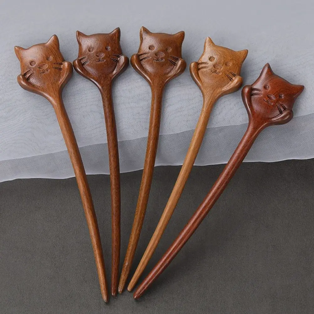 New Handmade Black Sandalwood Hairpin Cute Cat Wood Hair Sticks Antique Hairpin Hanfu Cheongsam Headdress Hair Accessories